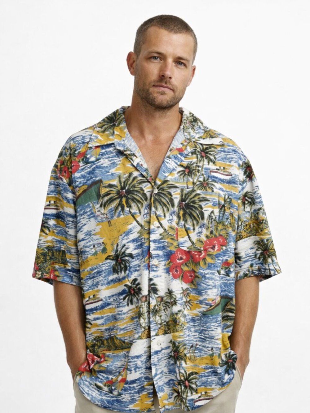 Rue21 Men's Large Tropical Short Sleeve Button Up Shirt Floral Chest Pocket